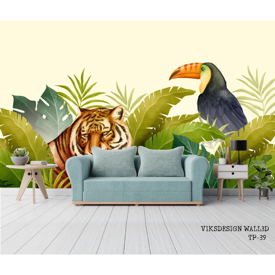 CETAK Wallpaper 3d, Wallpaper Dinding Gambar Burung Merak, Bangau, Macan Tropis 3 Dimensi