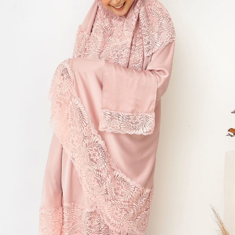 LACE BASIC Mukena Luxury Sutra Premium  WAJAH KARET & NON KARET kode pinksalmon