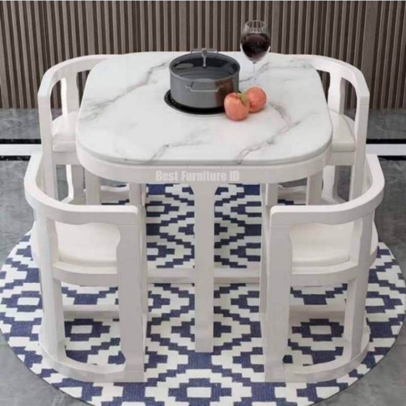 Meja Makan Oval Motif Marmer 4 Kursi Finishing Duco