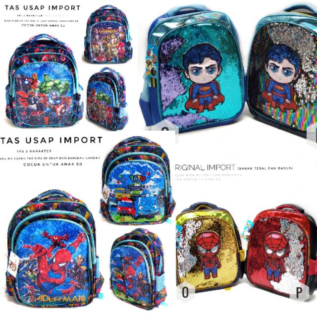 TAS ANAK COWO KARAKTER SEQUIN / USAP UNTUK PAUD - TK