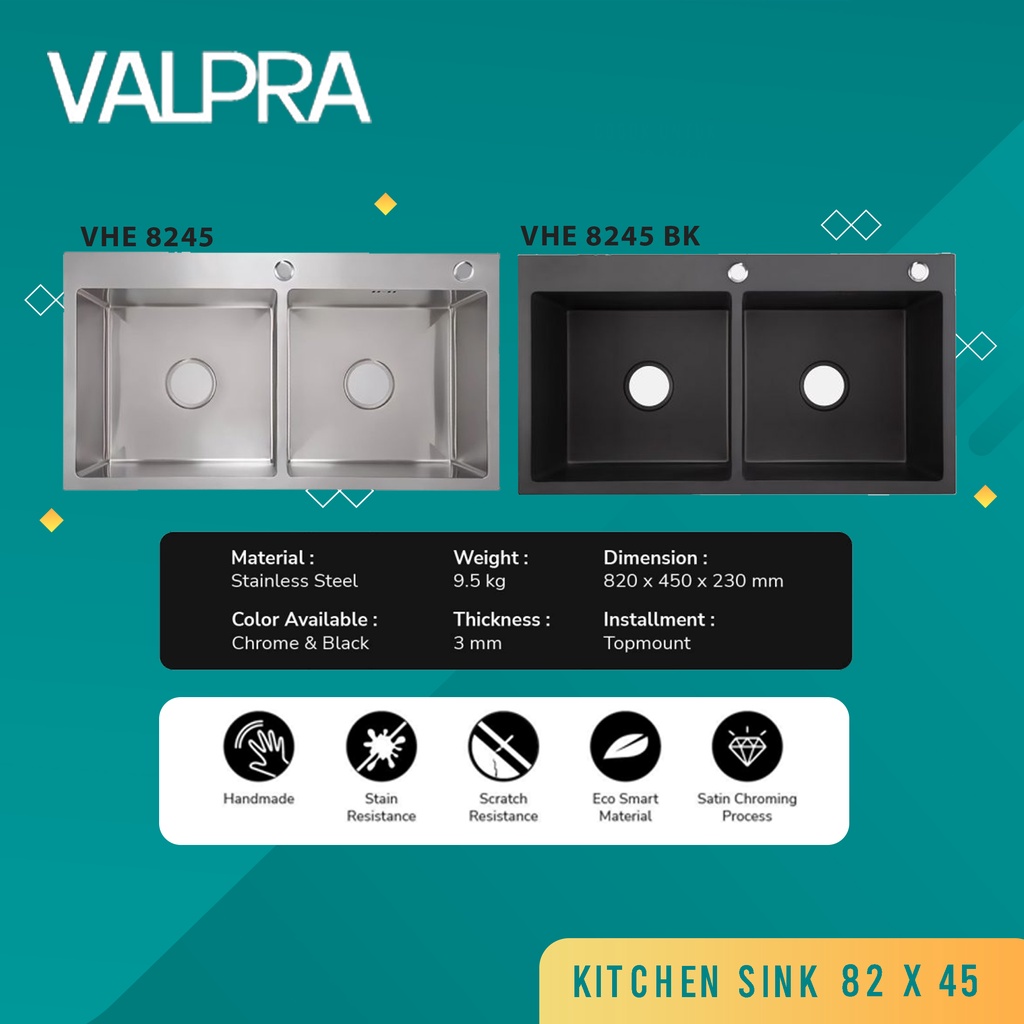 Bak Cuci Piring Hitam Valpra Double /  Kitchen Sink 8245 2 Lubang
