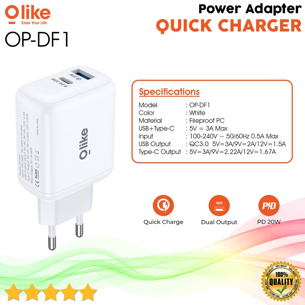 OLIKE Batok Kepala Charger Qualcomm Quick Charge 3.0 Power Delivery 20W Dual Port Batok Casan Garansi Resmi OP-DF1