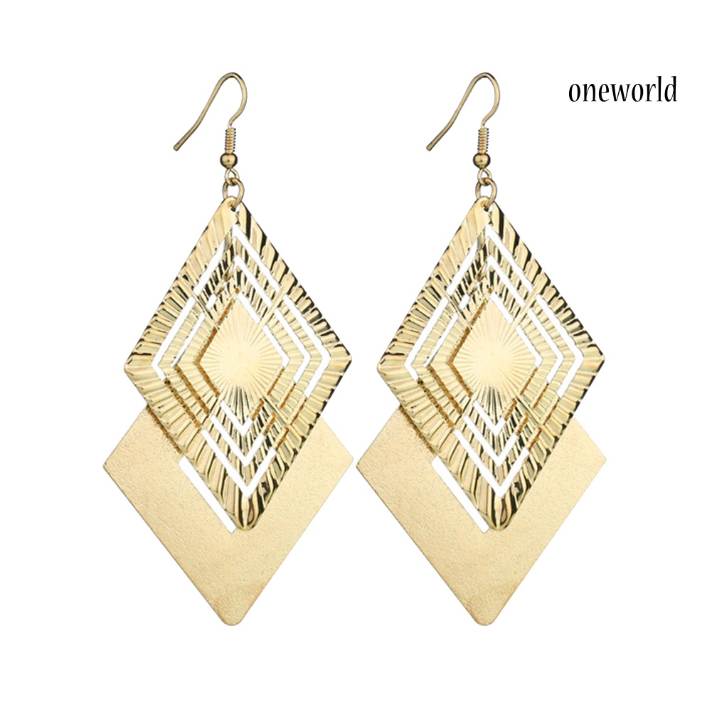 OW@ Fashion Matte Hollow Double Layer Jewelry Rhombus Long Dangle Hook Earrings