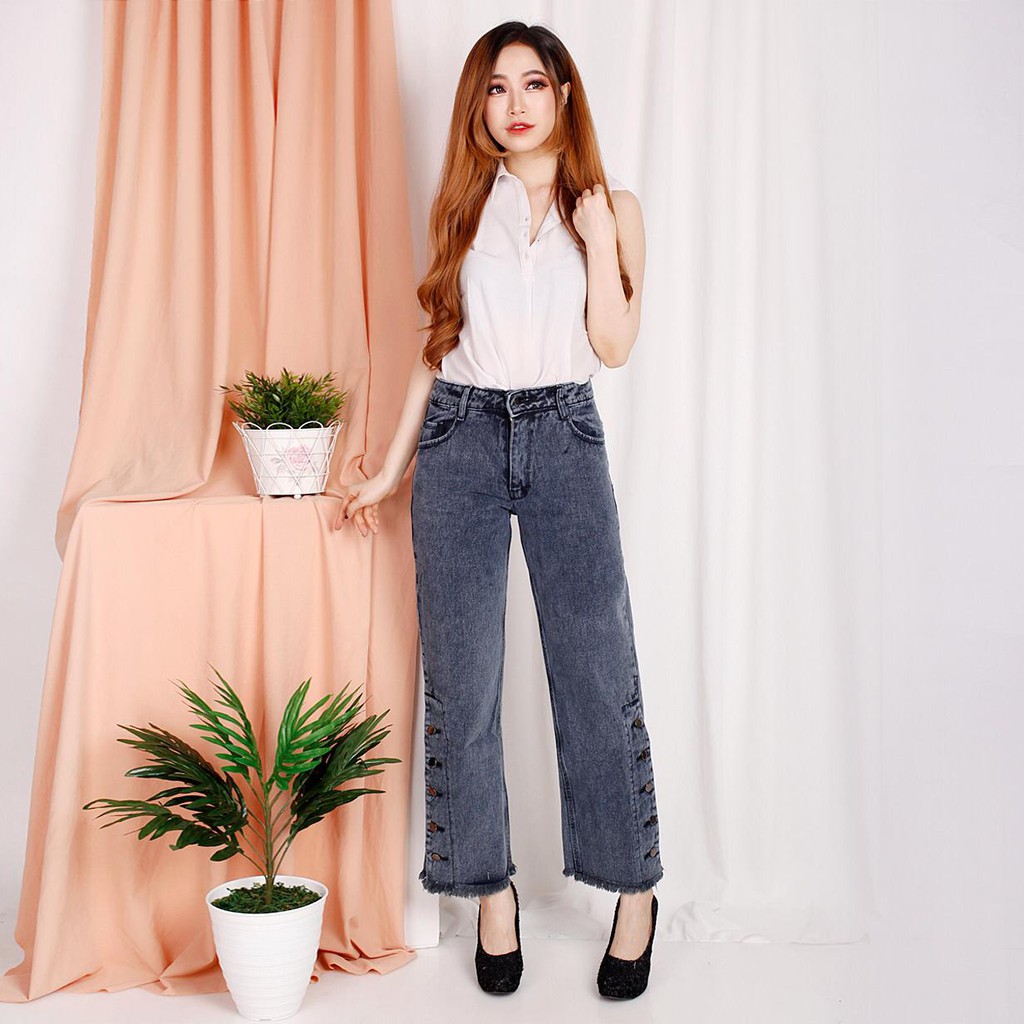 Celana Panjang Jeans Wanita Kulot Kancing Samping 27-30 Bisa Bayar Ditempat(COD)