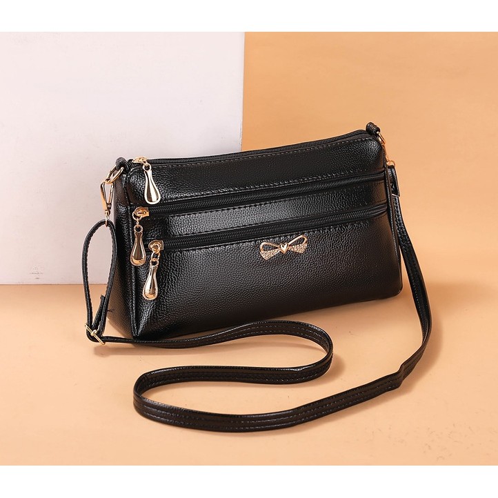 TAS SELEMPANG WANITA 3 RESLETING IMPORT KOREA KULIT HITAM VOLVA TA374B5 SLING BAG CEWEK MURAH BATAM