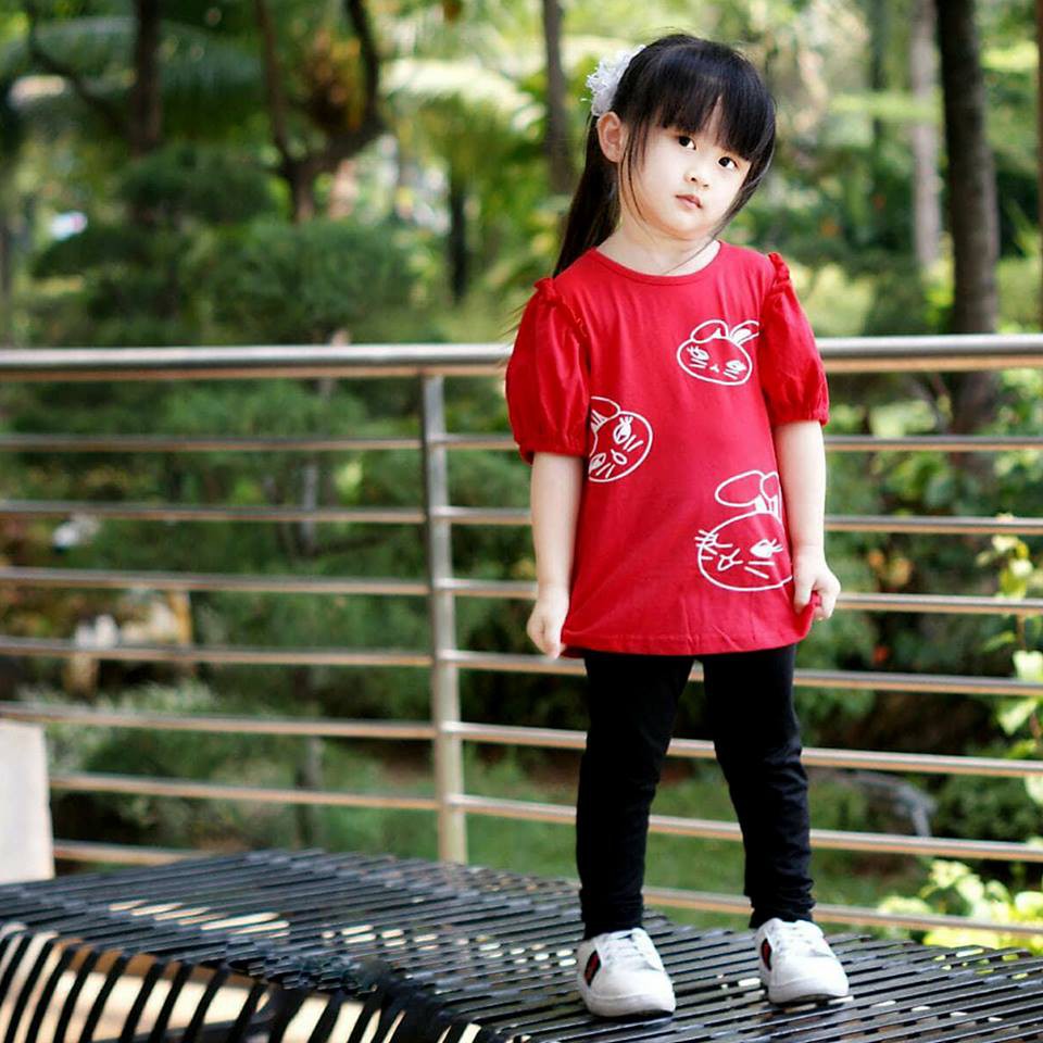 Setelan Anak Cewek  Shoulder Ball Rabbit Red Set 2in1 (baju, celana)