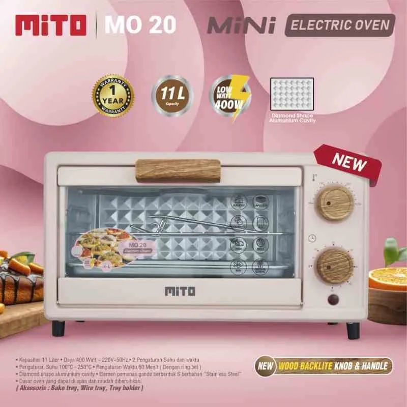 OVEN MITO MINI MO 20 WOOD SERIES DESIGN HANDEL KAYU 11 LT LOW WATT 400 WATTMODEL TERBARU  ORIGINAL GARANSI RESMI