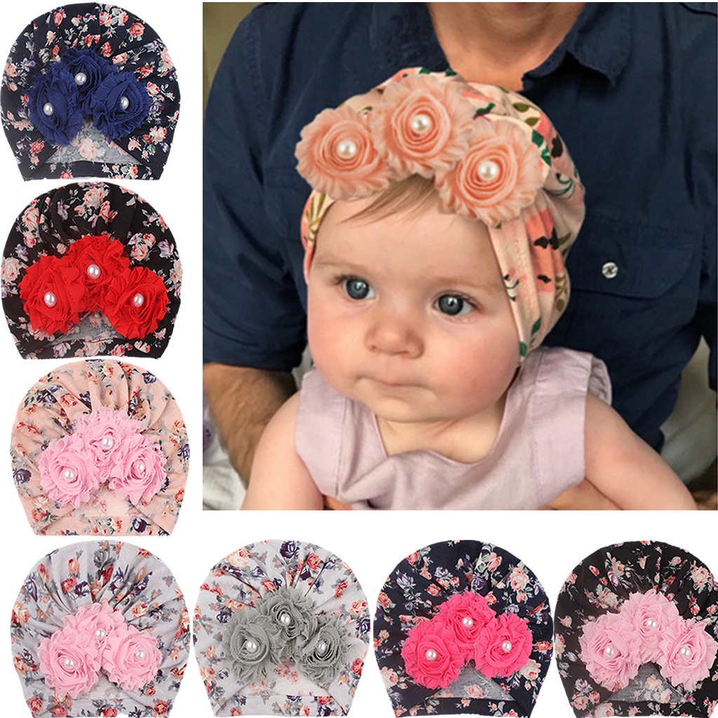 TB13-Turban Anak Bayi Import Motif Bunga Triple Pearl