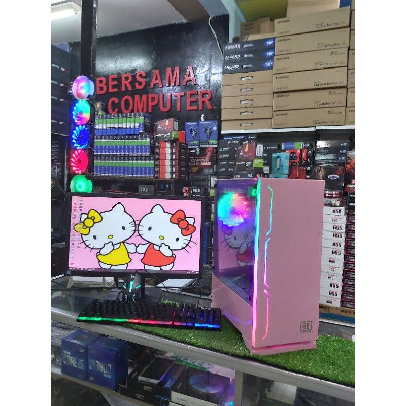 PC Gaming Casing Pink Core i5 ssd 120gb monitor 24 samsung curved ful set
