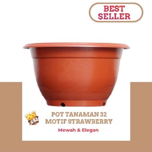 Pot Bunga Cokelat Bata 32 Strawberry | Pot Tanaman Plastik Merah Bata Besar 32