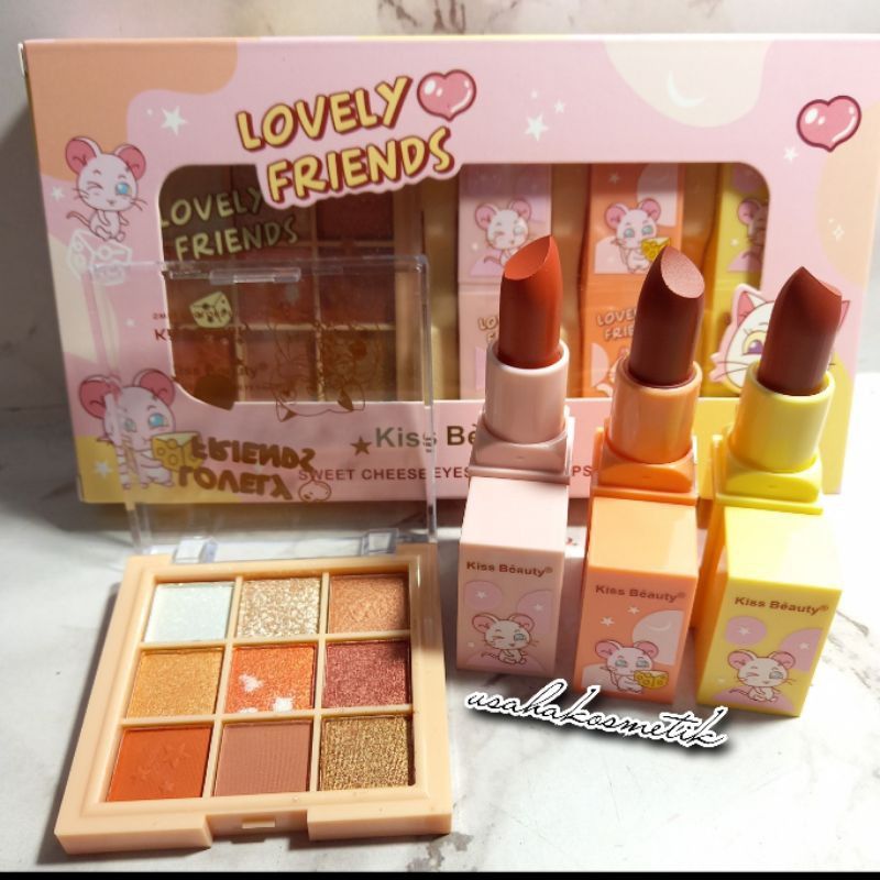 PAKET  MAKE UP 4IN1 EYESHADOW + LIPSTIK 3 WARNA  KISS BEAUTY NO.87194