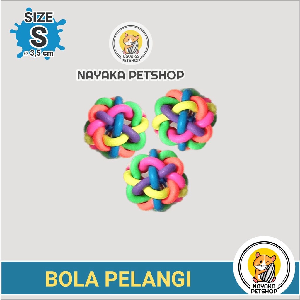 Size S Bola Mainan Kucing Pelangi Karet Bunyi Lonceng Kerincing Kitten Cat Ball Toy Anjing