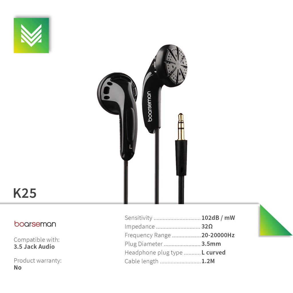 Boarseman K25 Earphone Hifi Music Headset Flat Head Noise Cancelling Earbud