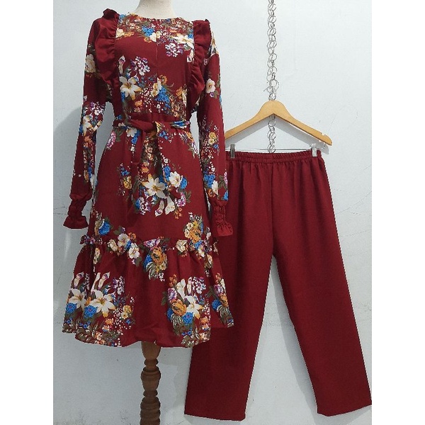 Setelan Celana Wanita Tunik Muslim Motif Bunga