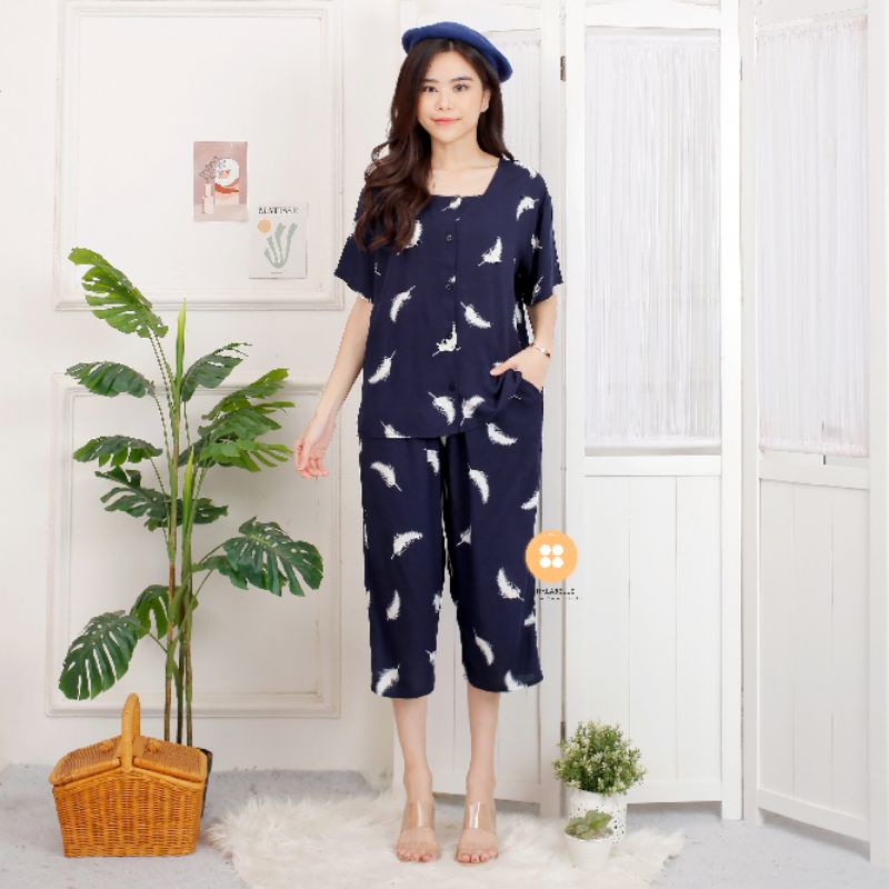 Baju tidur homewear super premium rayon 7/8-Bulu dongker