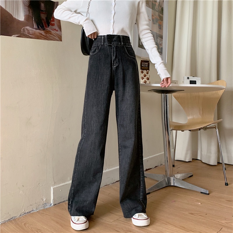 Celana jeans panjang casual longgar kaki lebar berpinggang tinggi wanita Korea