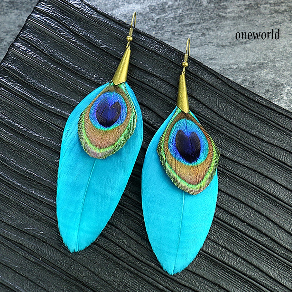 OW# Peacock Feather Drop Earrings Ethnic Style Women Geometric Shape Circle Hook Earrings Jewelry Accessory