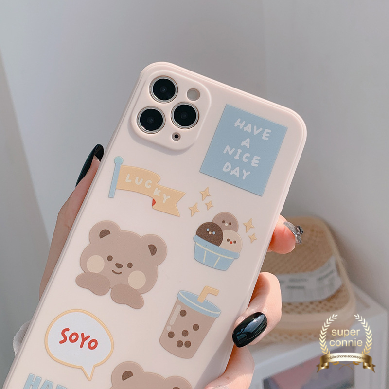 Kawaii Letter Case Kompatibel Untuk iPhone 7Plus 13 11 14 12 Pro Max X XR 7 8 6S 6 Plus XS Max SE 2020 Kartun Beruang Lucu Teh Susu Lembut tpu Penutup Tepi Lurus