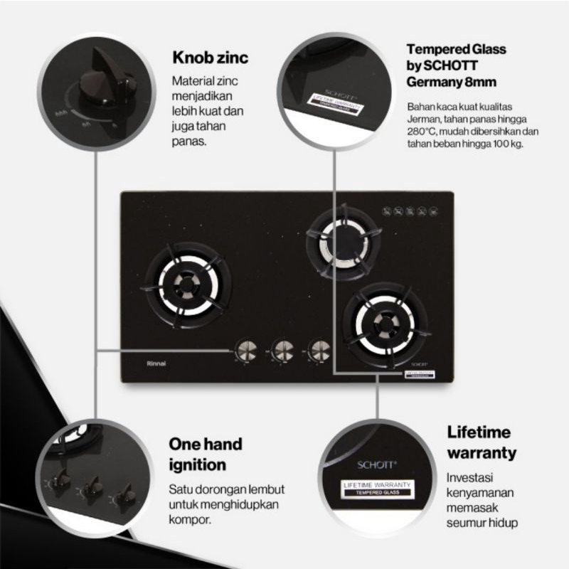 Built-In Gas Hob Kompor Gas Tanam 3 Tungku Rinnai RB 3 SS C SB