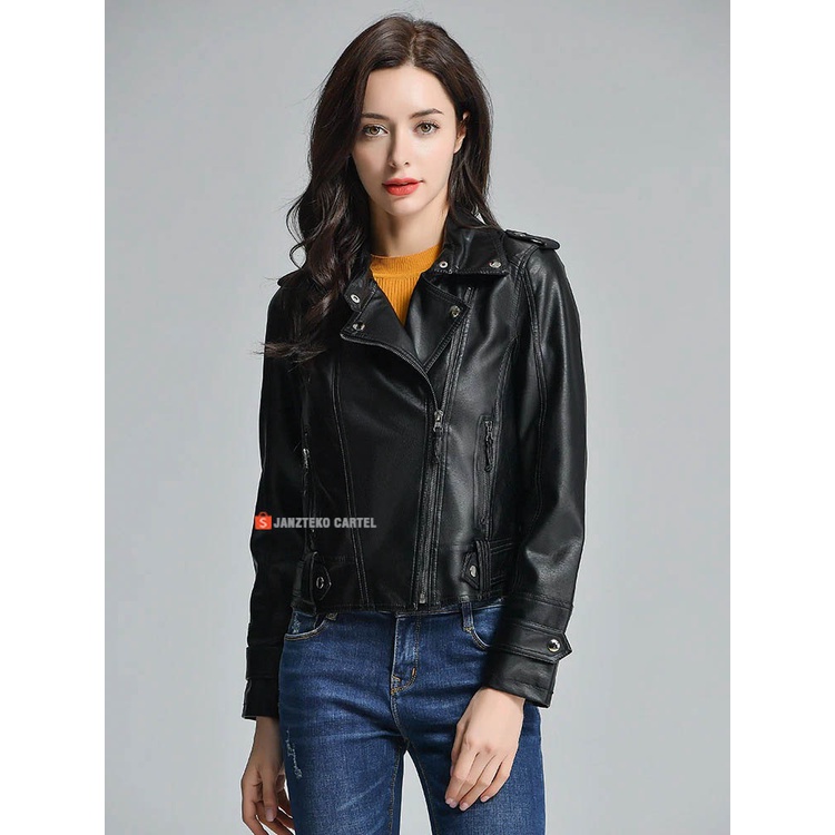 JNK x MALENA - Jaket Biker Motor Wanita Bahan Semi Kulit Sintetis Viena Faux Synthetic Leather Jacket Women Premium Original Branded Cewek Perempuan Ladies Girls Korea KPOP Style Acara Pesta Winter Autumn Outif Outwear Hijab Slim Fit Short Pendek Coat ORI