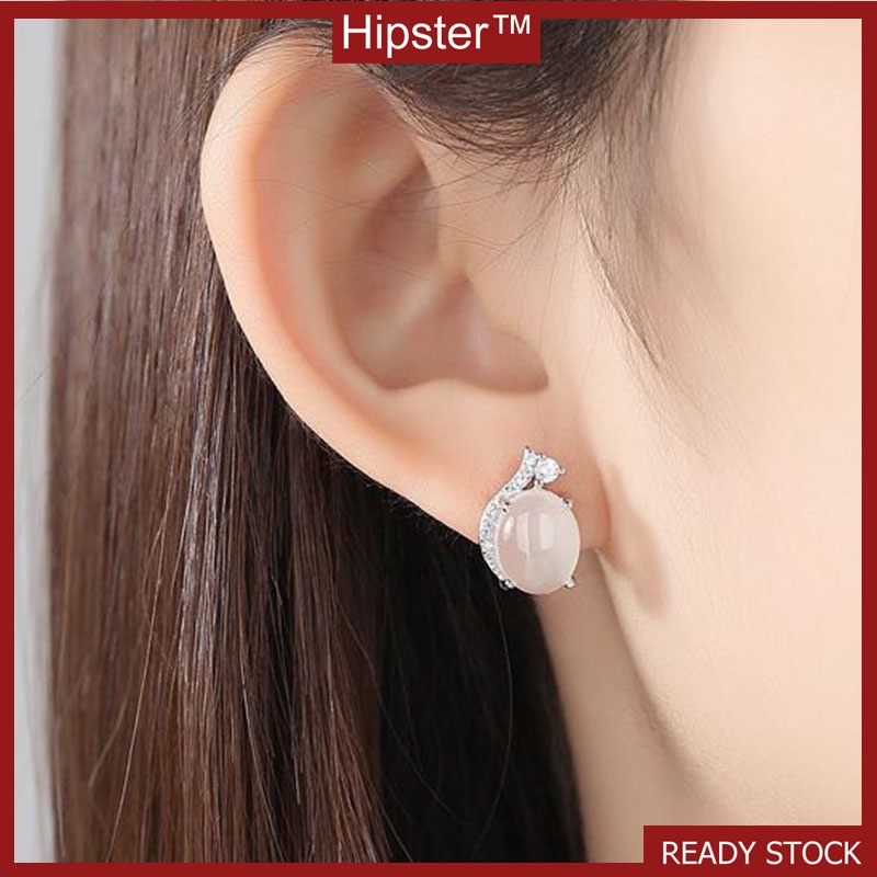 Retro Elegant Hetian White Jade Platinum Micro Inlaid with Diamond Stud Earrings