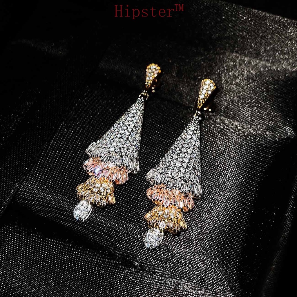 Hot Sale Design Luxury Micro Inlaid Zircon Three-Color Three-Dimensional Skirt Earrings