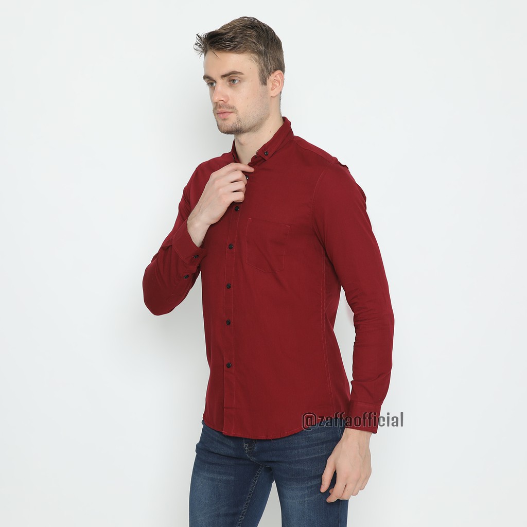 Zaffa Kemeja Polos Pria Lengan Panjang Pendek Formal Katun Poplin Kerja Kuliah Maroon Basic Shirt Slimfit Z-3002