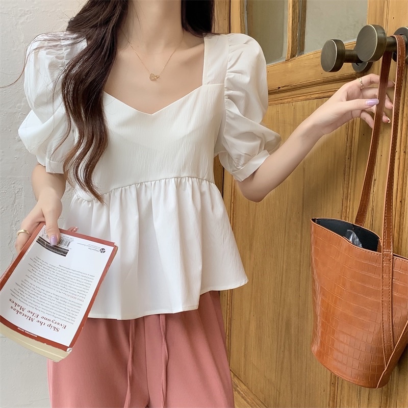 ATASAN IMPORT WANITA PUFF SLEEVE BAJU BLOUSE LENGAN BABY DOLL PENDEK CEWEK MX205