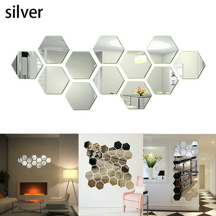 CERMIN KACA HEXAGONAL MIRROR STIKER DEKORASI HIASAN DINDING INTERIOR