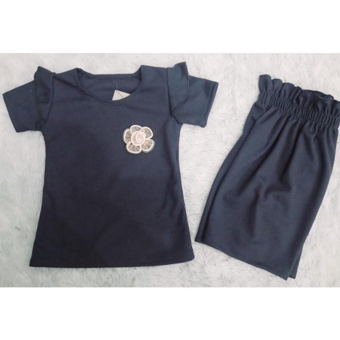 Setelan Anak Perempuan Knit Mango Waffle Ruffle Lengan pendek Setelan Kulot anak cewek knit 1-5 th babyrib-NAVY