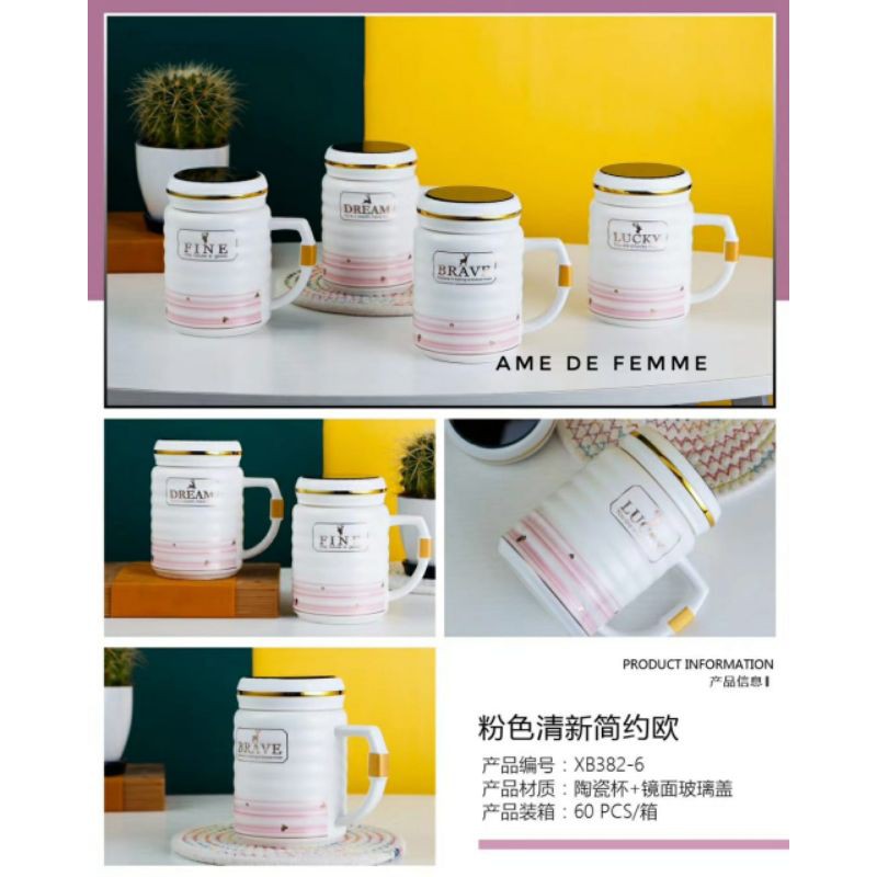 Cangkir Gelas Mug tutup putar Keramik pink + free box