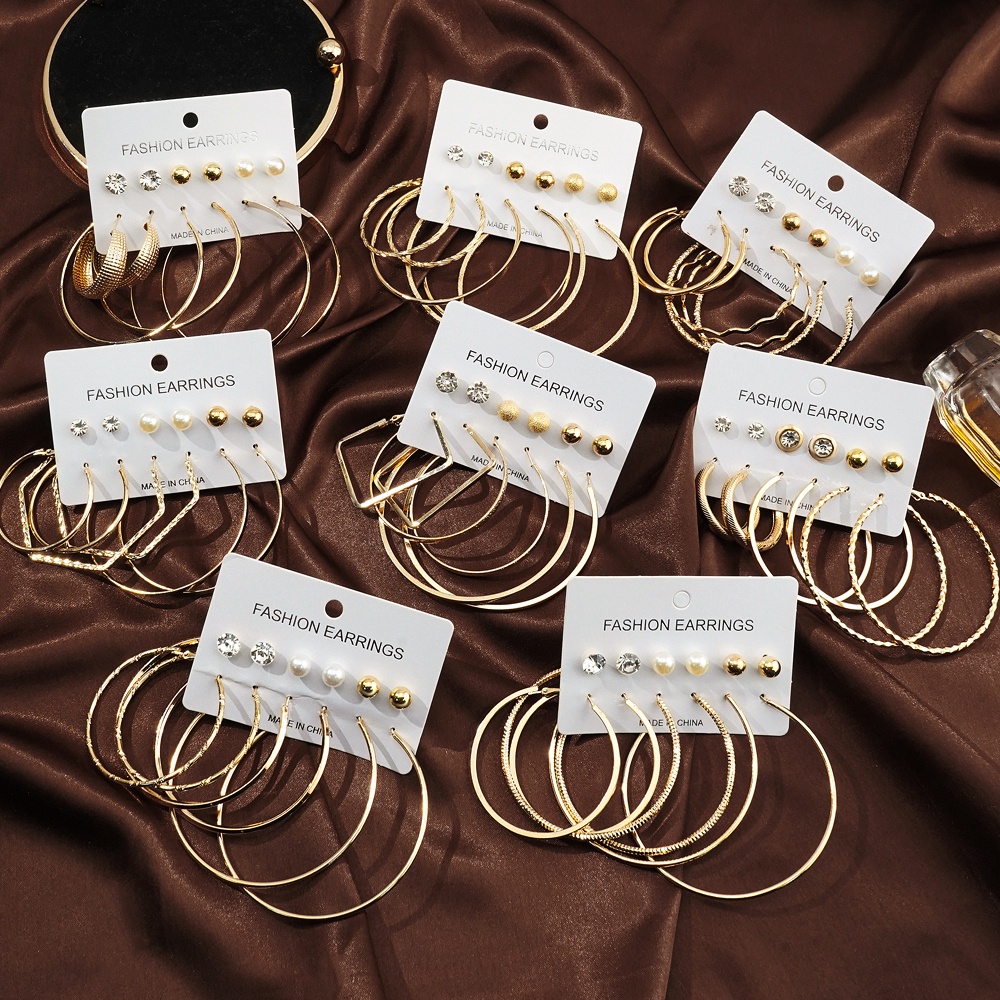 6 Pasang / Set Anting Hoop Bentuk Lingkaran Bahan Metal Warna Emas Gaya Klasik Untuk Wanita