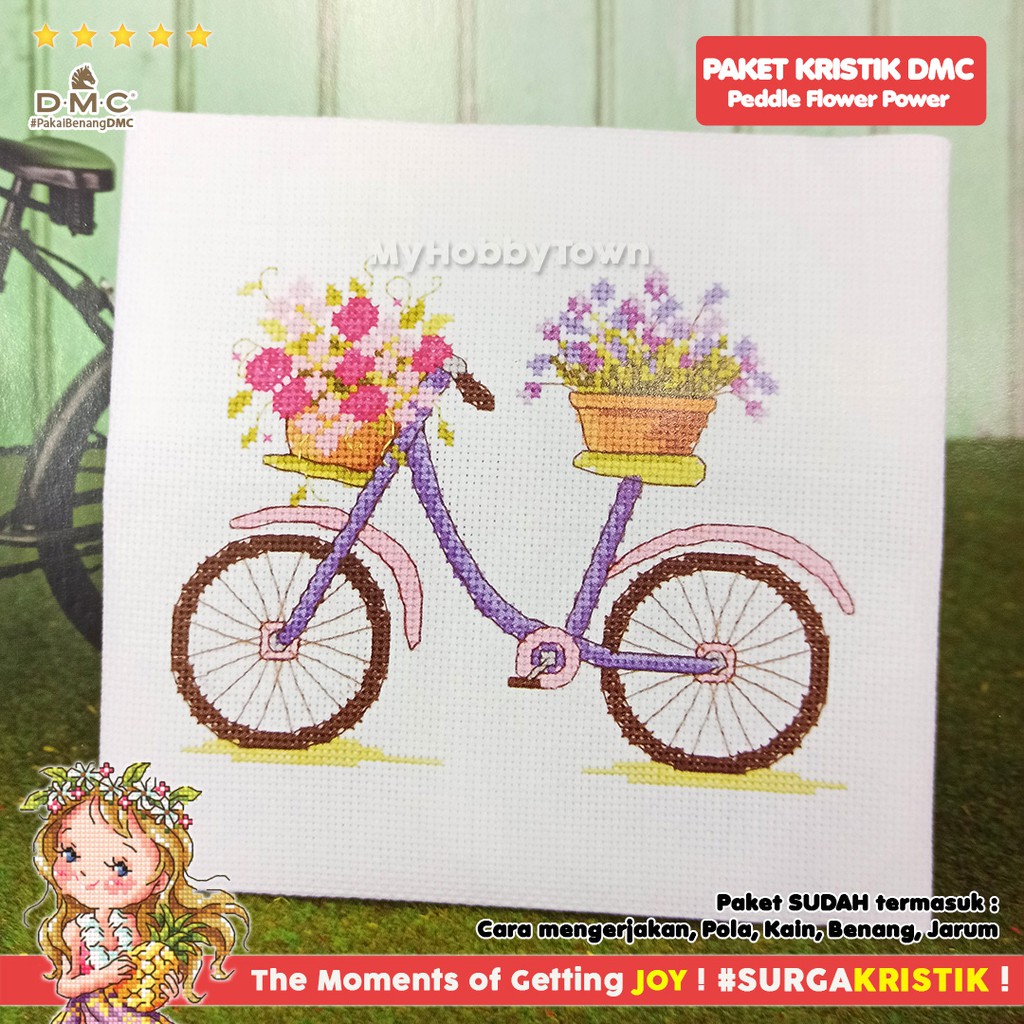 Paket DIY Craft Sulam Kristik Strimin TUVA Retro - Peddle Flower Power Sepeda Bunga Vintage