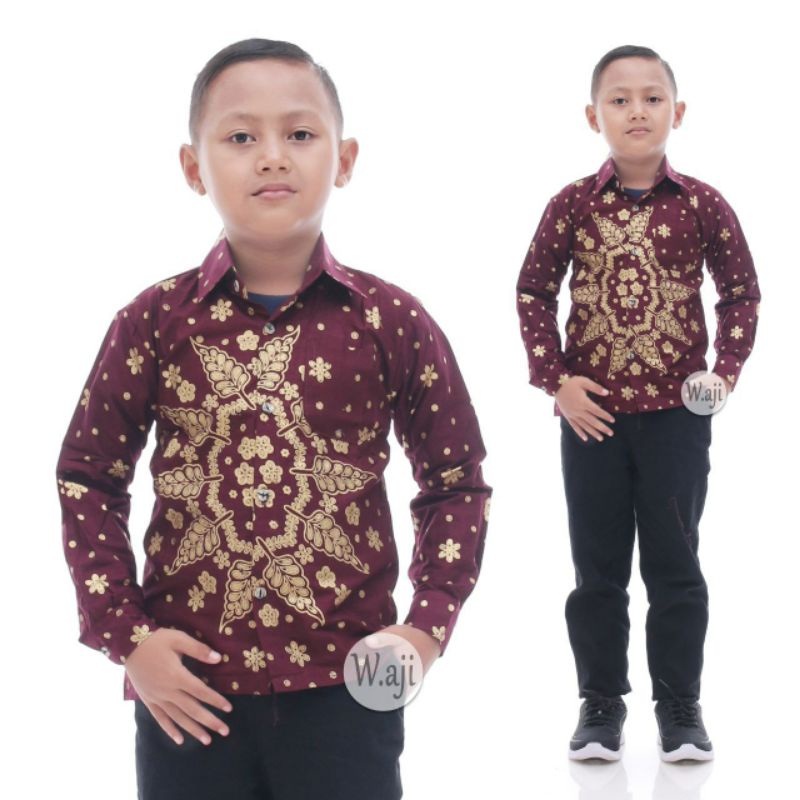 Baju Atasan Batik Anak Laki Laki Lengan Panjang Motif Matahari Merah