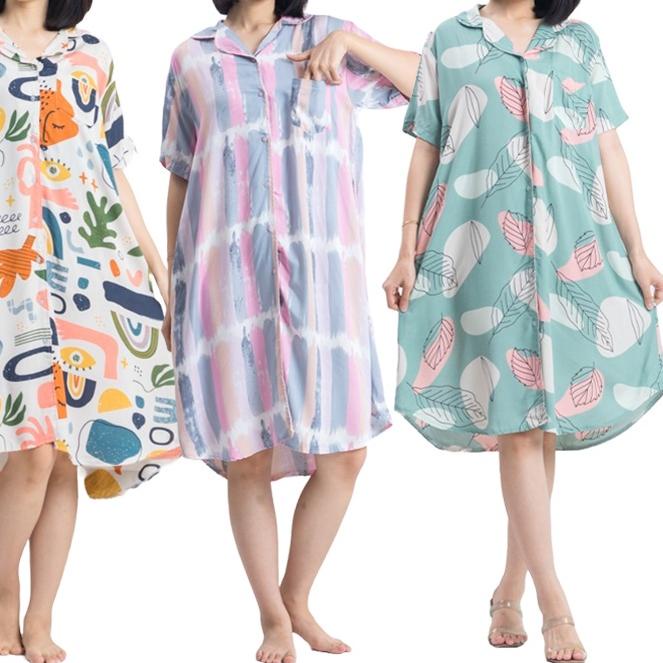 DS R DASTER KEKINIAN BAJU TIDUR WANITA DEWASA REMAJA TERUSAN BUSUI BAHAN KATUN RAYON KANCING DEPAN