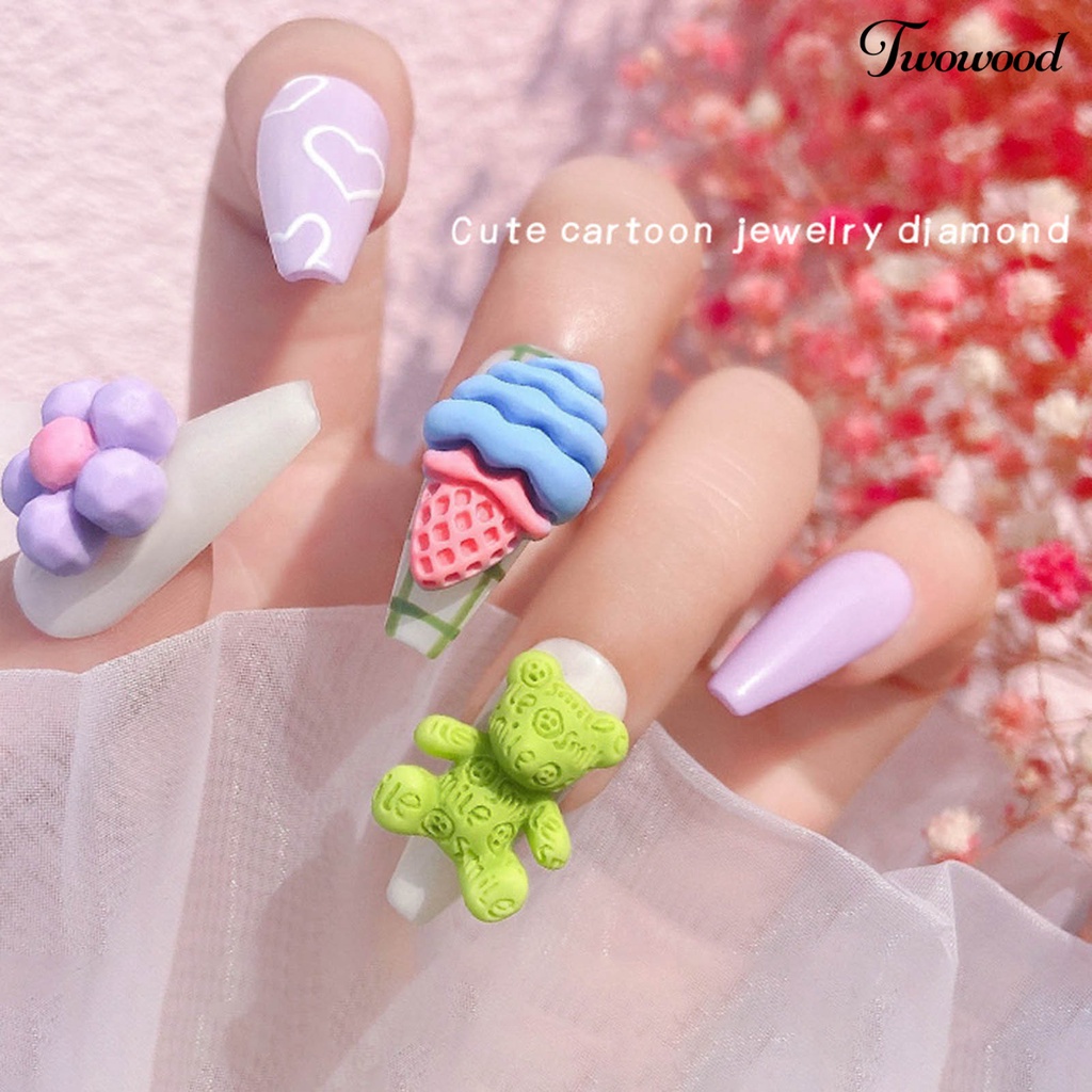 Twowood 12Pcs / Set Ornamen Kartun Beruang / Bunga Bahan Resin Untuk Dekorasi Nail Art DIY