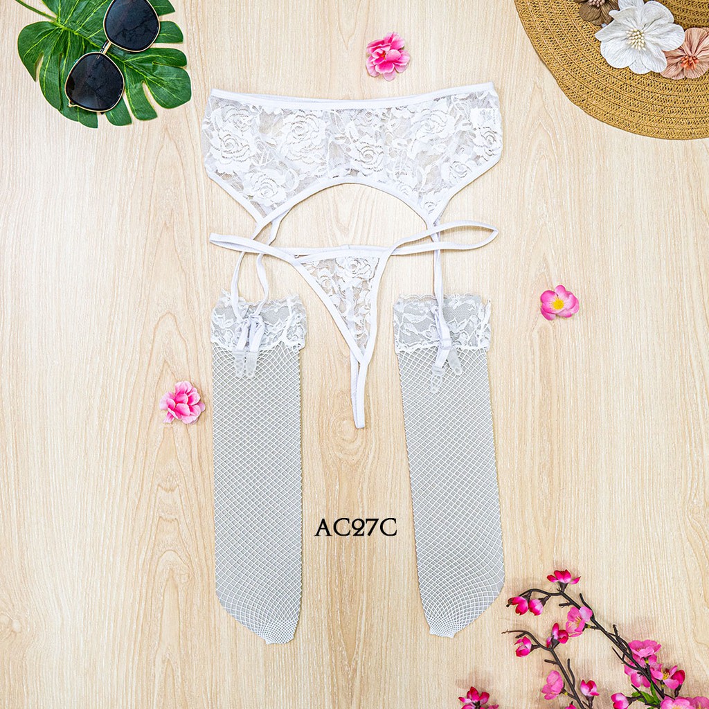 [PRODUK TERBATAS] STOCKING SEXY + SABUK PAHA GARTER BELT LACE PUTIH AC27B