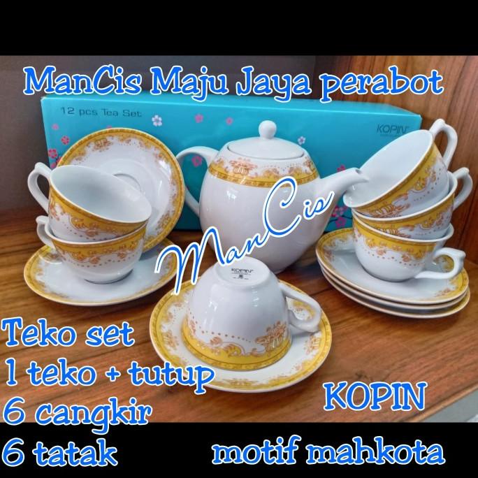 Teko set cangkir kopi teh motif mahkota KOPIN keramik porcelain(GOJEK)
