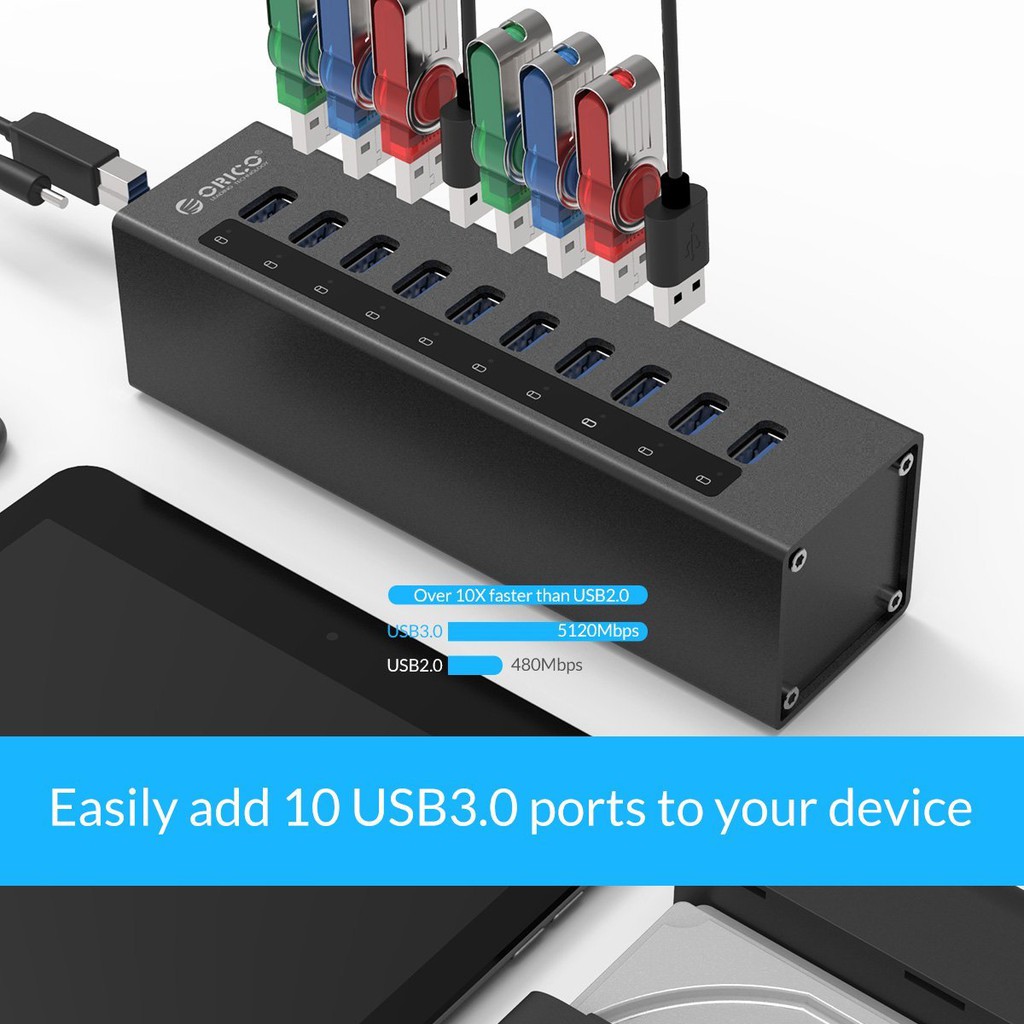 ORICO A3H10 USB3.0 HUB 10 PORT Super Speed Aluminium with Adaptor
