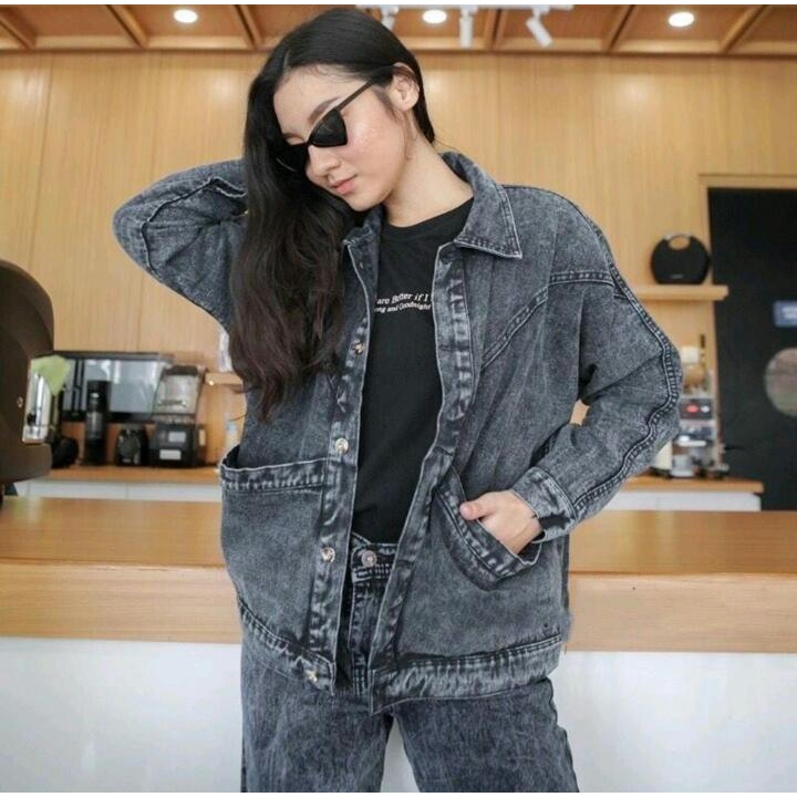 JAKET JEANS ALMA SANDWASH JUMBO LD 100-146 BAHAN DENIM JAKET WANITA CROPTY BIGSIZE-JOSEPH SW HTM LD120