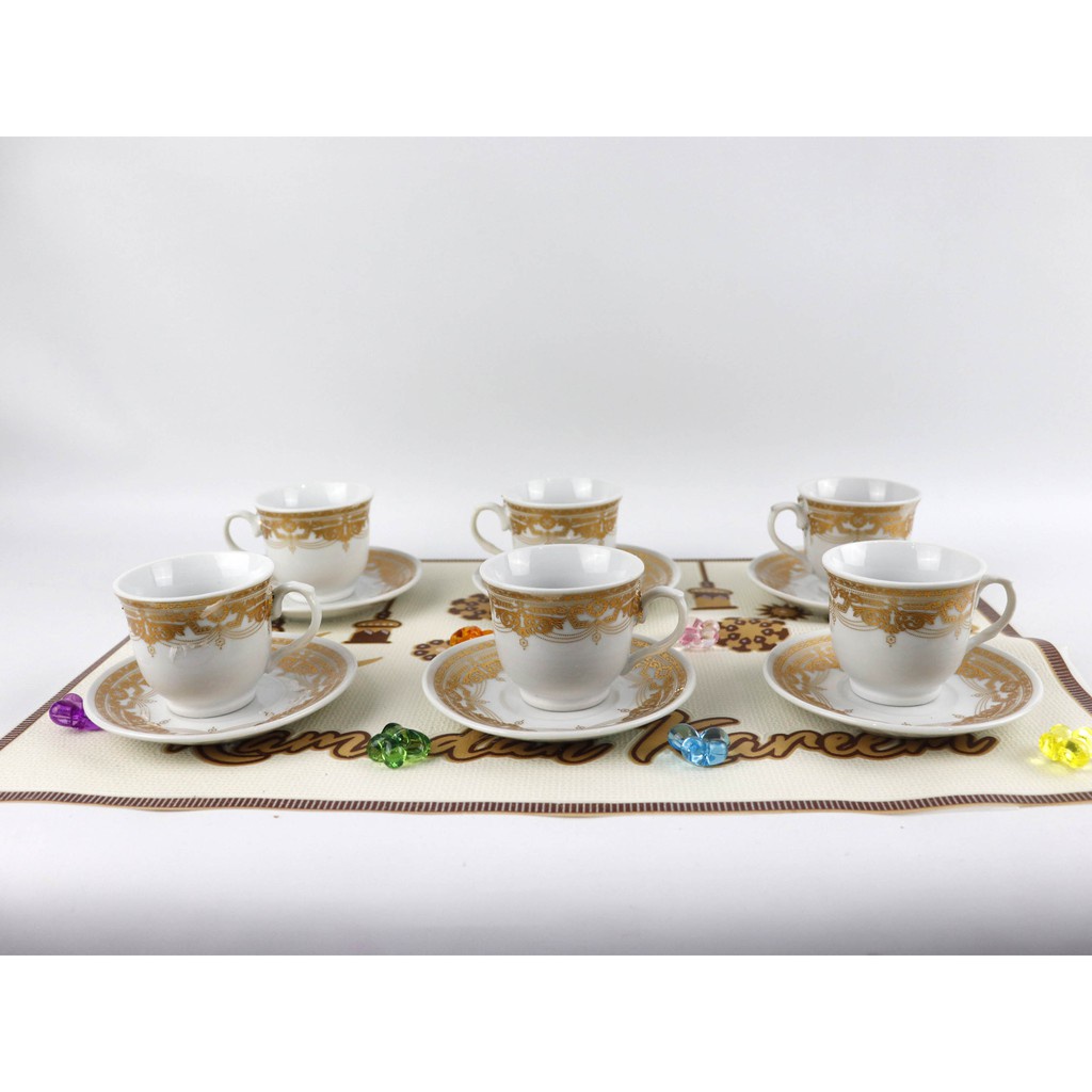 Cangkir Teh Keramik Motif Bunga Gold Set 12pc