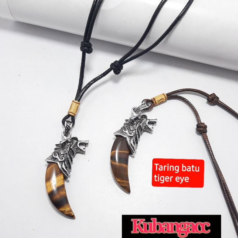 Kalung Tali bandul Batu Tiger Eye kepala Srigala Kalung Pria Wanita Kalung Batu alam kalung murah