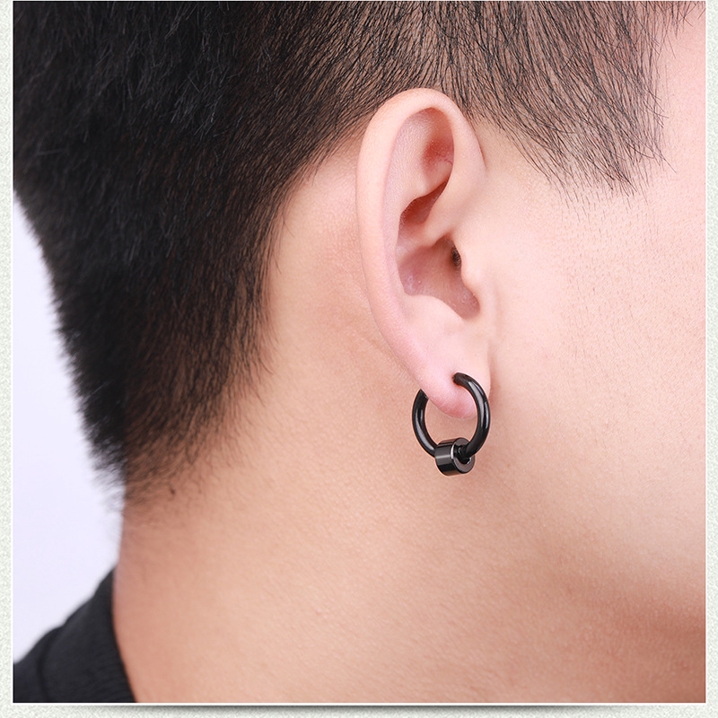 2piece Anting Baja Titanium Pria Hoop 12mm Hitam Perak Tidak Luntur