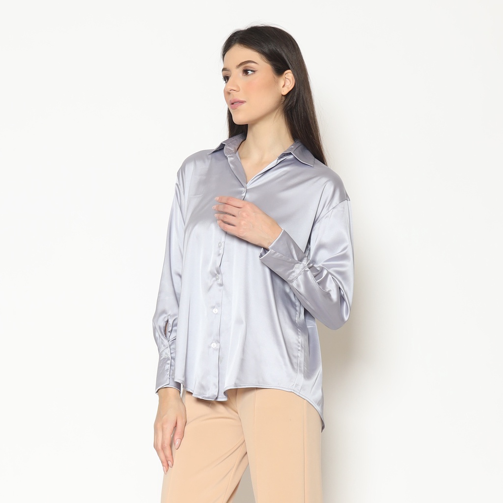 Blouse Atasan Wanita - Kemeja Blouse Wanita Silk Plain V-Neck Lengan Panjang