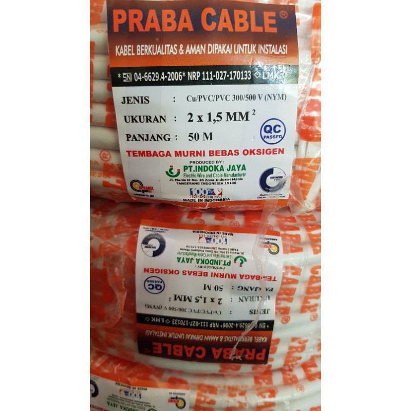 Kabel Listrik NYM 2X1,5 Kabel NYM 2X1.5 Praba 50 Meter SNI LMK Eterna 2x1,5 SNI LMK KABEL TEMBAGA MURNI