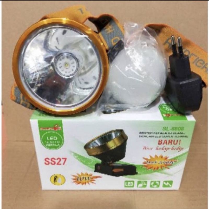 Senter Kepala Cas Sunpro 10 Watt SL-8808 Cahaya Putih/Kuning Bonus Bohlam LED