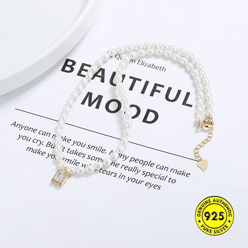 Kalung Rantai Klavikula Desain Twin Aksen Berlian Mutiara Bahan S925 Silver Untuk Perempuan