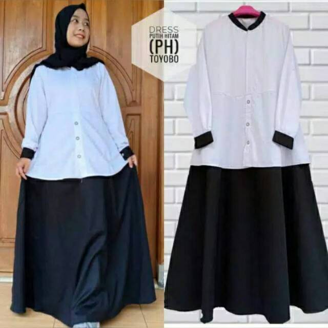 Gamis ori toyobo hitam putih PNS model rok
