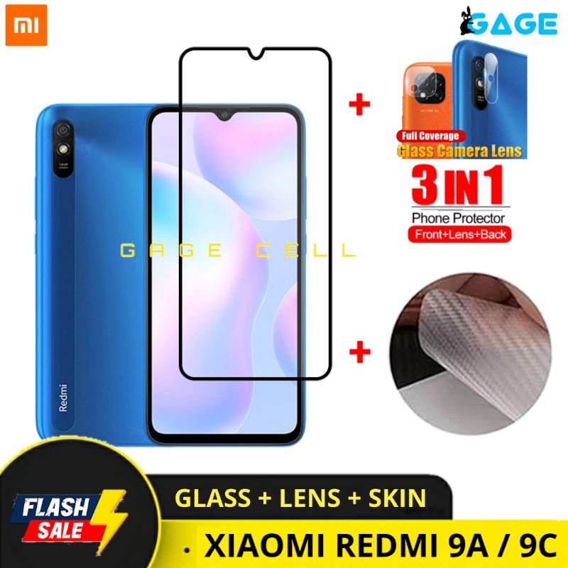 PROMO 3IN1 TEMPERED GLASS LAYAR KAMERA SKIN CARBON XIAOMI REDMI 9A 9C TG ANTI GORES DEPAN BELAKANG