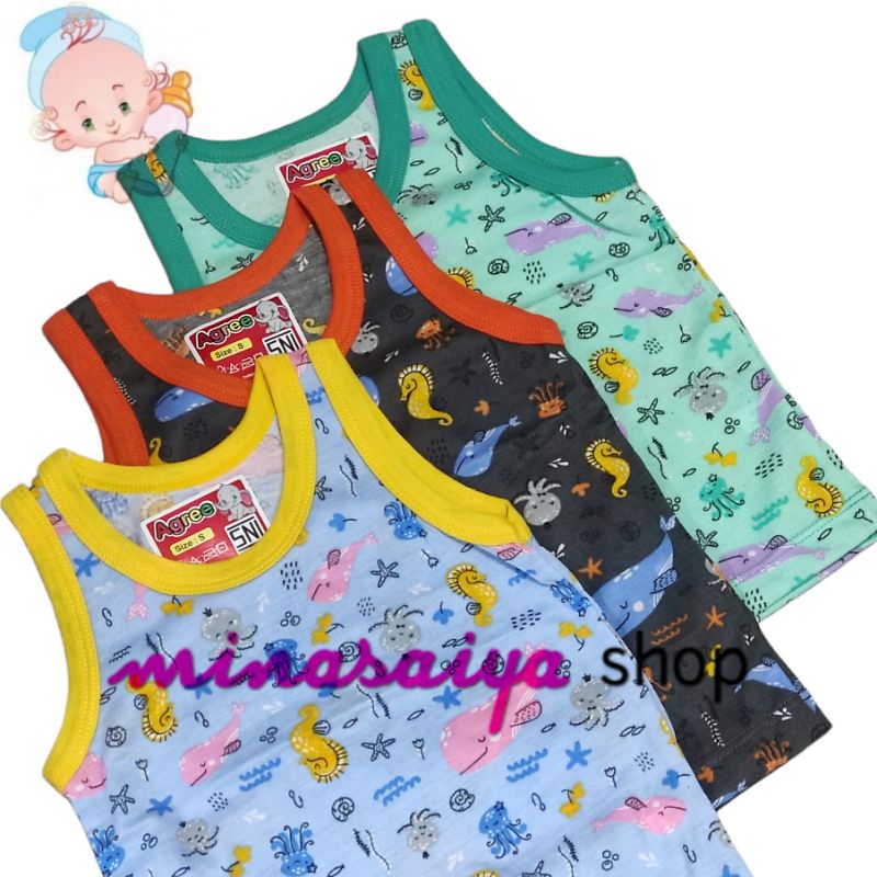 AGREE KIDS 3 pcs Singlet Kaos Dalam Bayi SNI Kaos Kutung Lengan Buntung Bayi Print Warna Uk. S - XL